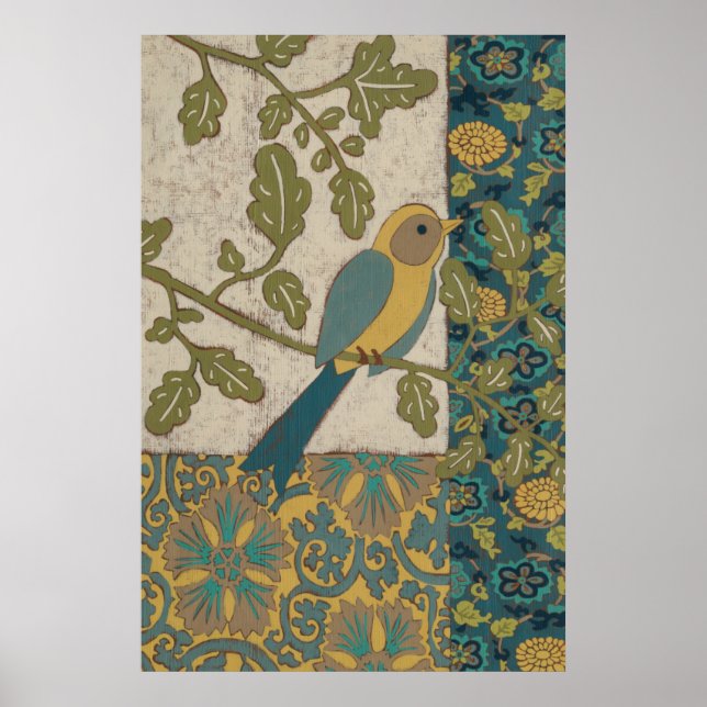 Póster Pássaro Azul Amarelo e Teal Emitido em uma Ramific (Frente)