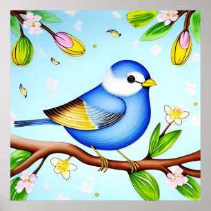 Poster Pássaro Azul Colorido Pousado em um Ramo Florido