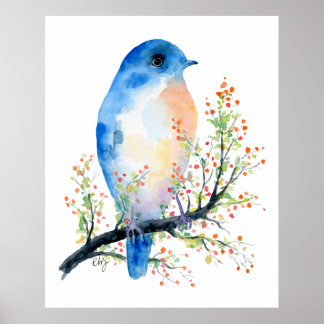 Póster Pássaro Azul de Aquarela no Berry Branch