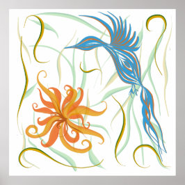 Poster Pássaro Azul Gráfico e Pássaro do Paraíso