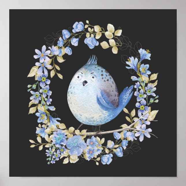 Poster Pássaro azul na coroa floral (Frente)