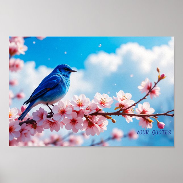 Poster Pássaro Azul no Ramo de Flor de Cerejeira (Frente)