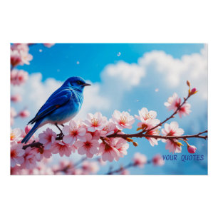 Póster Pássaro Azul no Ramo de Flor de Cerejeira