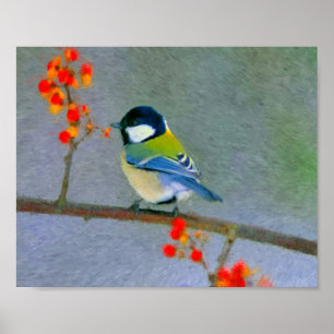 Poster Pássaro colorido com flores vermelhas/laranja