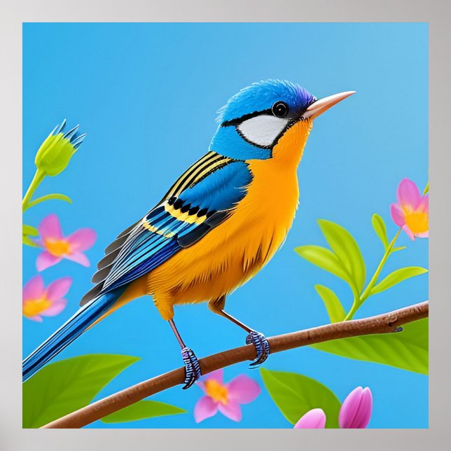 Poster Pássaro Colorido em Ramo Florido (Frente)