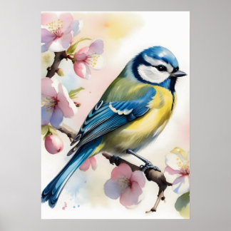 Poster Pássaro de chapim-azul em aquarela em macieira na