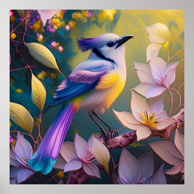 Poster Pássaro de Fantasia Amarelo Violet Tufado (Frente)
