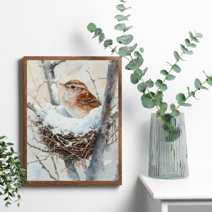 Poster Pássaro de Neve de Inverno no Ninho Árvore Aquarel