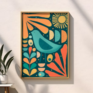 Poster Pássaro e Folhas Inspirados no Moderno de Meados d