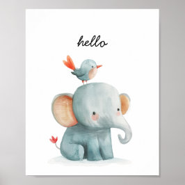 Poster Pássaro Elefante Bonito Alô Watercolor Nursery