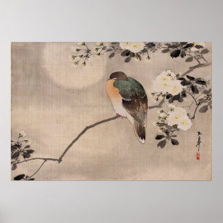 Poster Pássaro empoleirado num galho de uma árvore flores