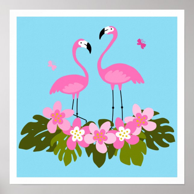 Poster Pássaro Exótico. Flamingo e folhas tropicais (Frente)