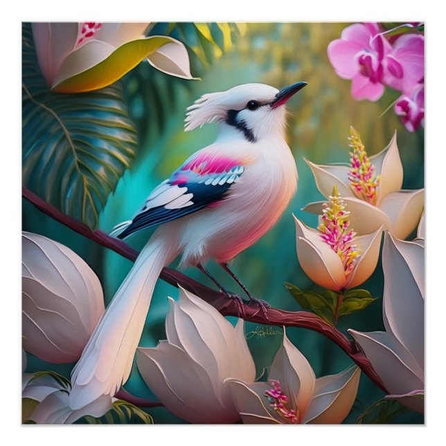 Póster Pássaro Fantasia com Crista Branca e Peito Rosado (Frente)