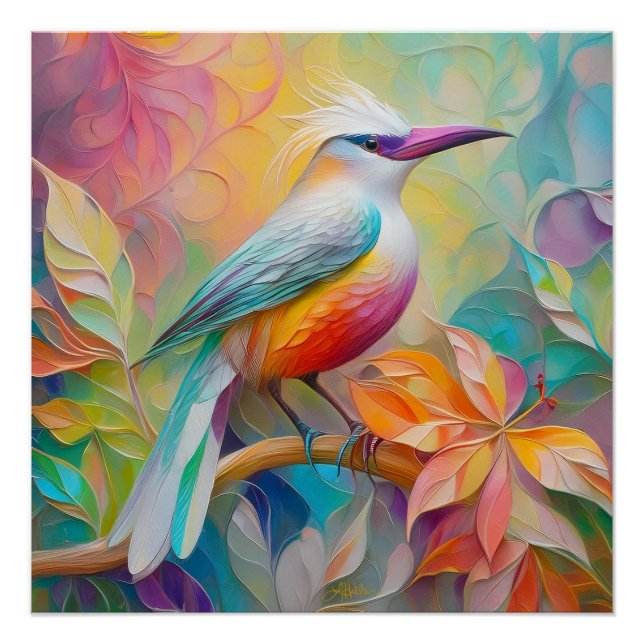 Póster Pássaro Fantasia de Bico Rosa e Peito Vermelho (Frente)