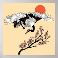 Pássaro-guindaste japonês e sakura florescente