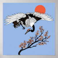 Pássaro-guindaste japonês e sakura florescente