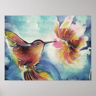 Poster Pássaro Humming e Pintura da Seda Flor