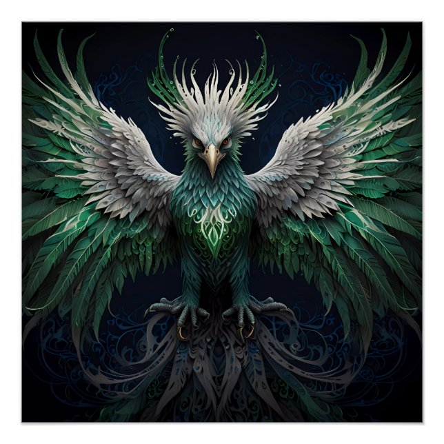 Póster Pássaro Majestoso Verde e Branco da Phoenix (Frente)