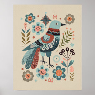 Poster Pássaro na Floresta - Arte Folclórica Cuco em Flor