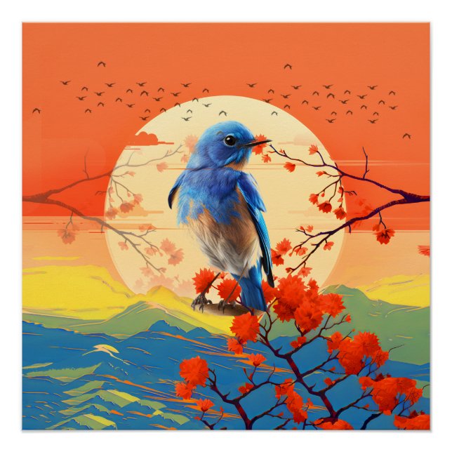 Póster Pássaro Natural Japonês Moderno Em Cenário De Flor (Frente)