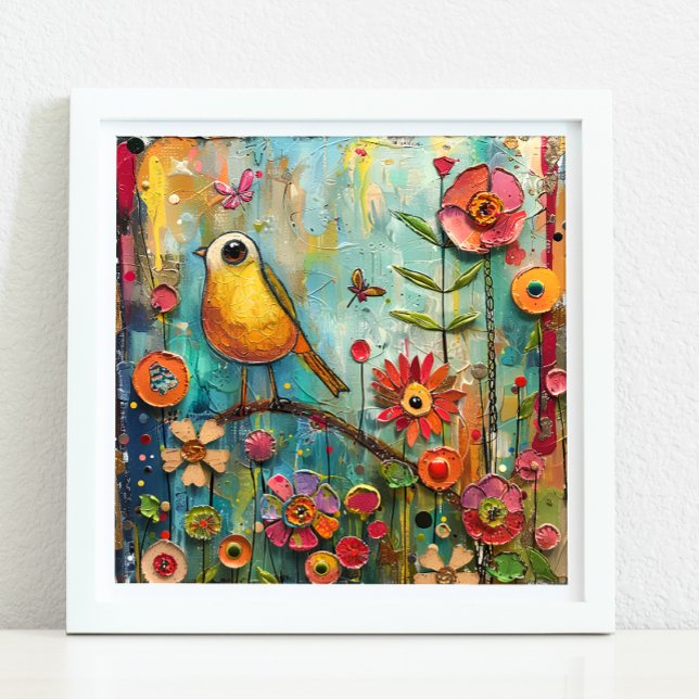 POSTER PÁSSARO RAINHO NO JARDIM (QUIRKY BIRD IN GARDEN POSTER)