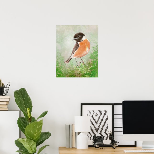 Poster Pássaro Stonechat em Aquarela Arte da Natureza (Escritório em casa)