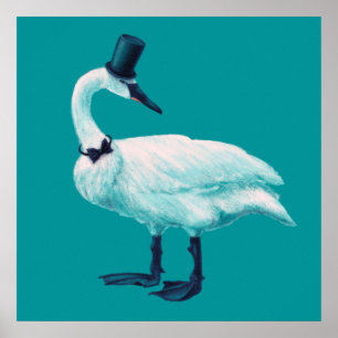 Poster Pássaro Swan Engraçado Com Tigela E Chapéu De C