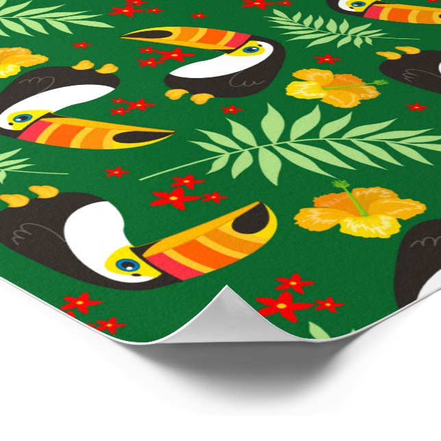 Poster Pássaro Verde Folha Laranja Flor Vermelha Tropical (Borda)
