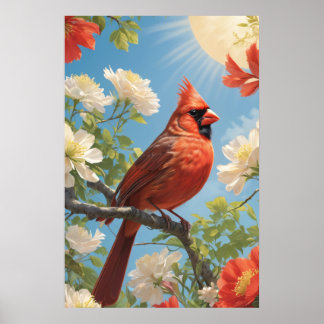 Poster Pássaro Vermelho ao sol e flores