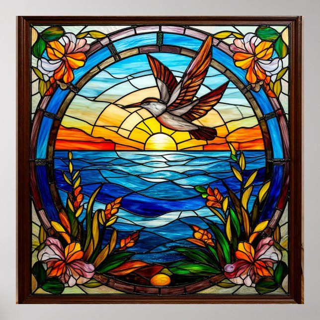 Poster Pássaro Voador Sobre o Oceano ao Nascer do Sol (Frente)