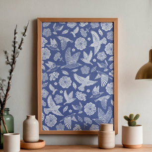 Poster Pássaros Azuis e Brancos e Arte Floral Desenhada à
