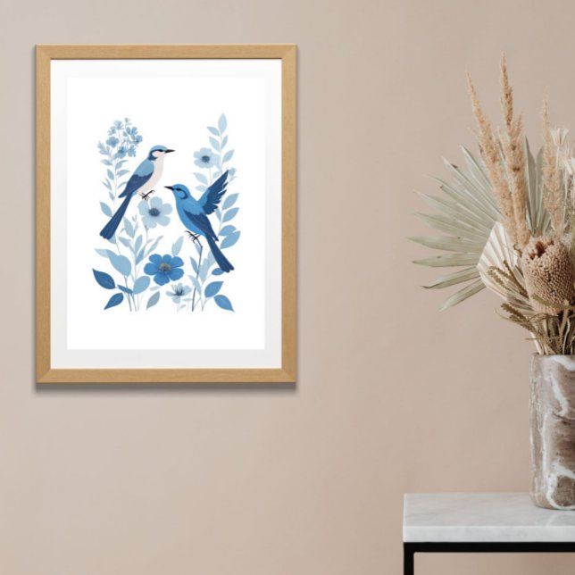 Poster Pássaros brancos azuis e Flores Florais Aquarela (Blue Birds and Flowers Watercolor Blue White Floral Botanical Nature Wall Art Poster Print)