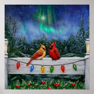 Poster Pássaros Cardinals e Luzes de Natal