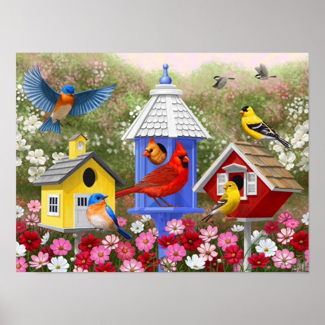Poster Pássaros Coloridos e Casa de Pássaros Jardim de Fl (Frente)