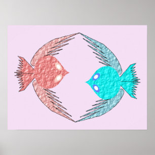 Poster Pássaros de Amor, Rosa e Azul