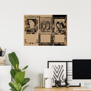 Poster Pássaros de Calendário Holandês Antigo em Branco