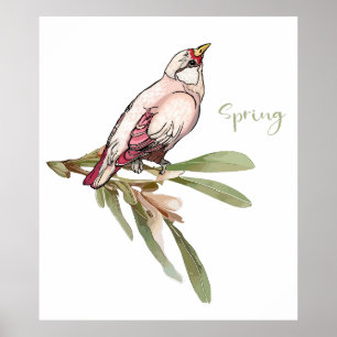 Poster Pássaros de flores de primavera. Quedas de neve.