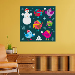 Poster Pássaros de inverno brincando em neve com boneco d
