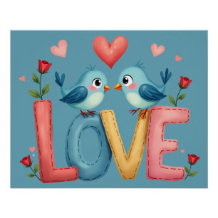 Póster Pássaros do Amor Caprichosos Arte Pastel Cottageco