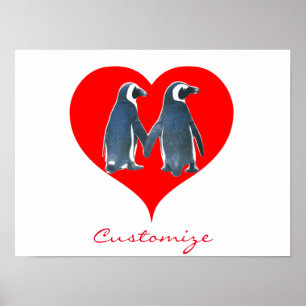 Poster Pássaros do Amor Casal Pinguim Coração Vermelho Th