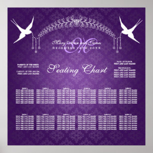 Póster Pássaros do Gráfico de Casamento Monograma Roxo
