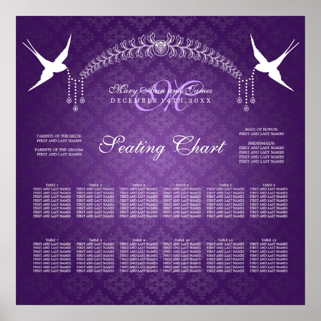 Póster Pássaros do Gráfico de Casamento Monograma Roxo (Frente)