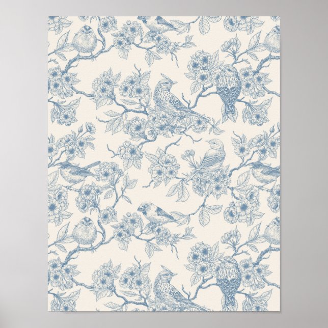 Poster Pássaros e flor de cerejeira em azul e branco esma (Frente)