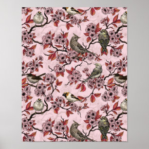 Poster Pássaros e flor de cerejeira em rosa claro