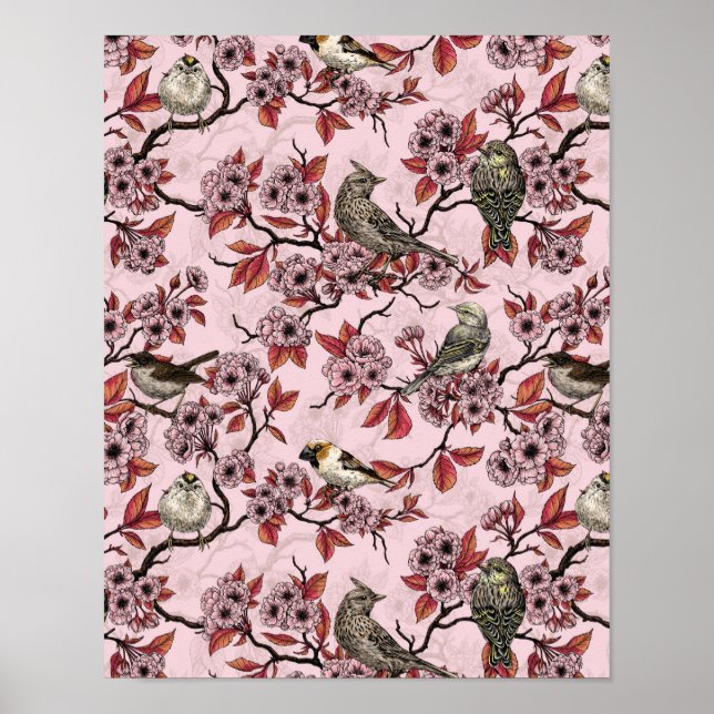 Poster Pássaros e flor de cerejeira em rosa claro (Frente)