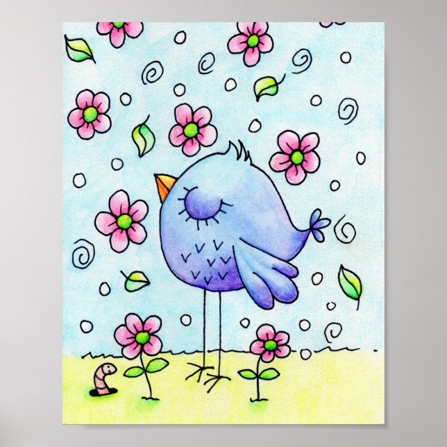 Poster Pássaros E Flores De Azul Whimsical (Frente)