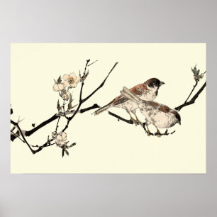 Poster Pássaros e flores de cerejeira japoneses do