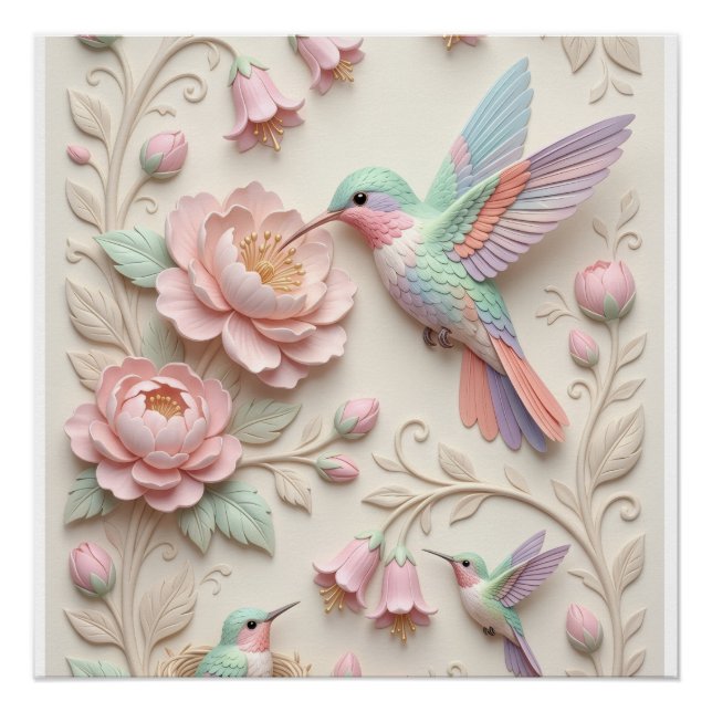 Póster Pássaros e Flores em Rosa Suave com Estampa Escult (Frente)