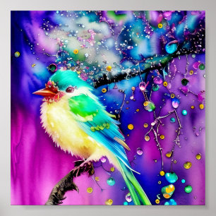 Poster Pássaros e gotas de água com aquarela