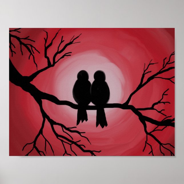 Poster Pássaros em galho de árvore. Silhueta de sol, sol  (Frente)